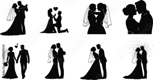 Wedding couple silhouette collection, romantic bride and groom vector, love proposal illustration, marriage ceremony clipart, black romantic artwork