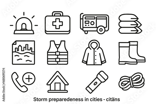 Storm Preparedness Icons. Outline icon set of night-time mural painting: flashlight, spray can, wall, ladder,