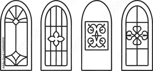 Collection of arched windows, showcasing vintage designs and decorative patterns, ideal for architectural illustrations and design projects