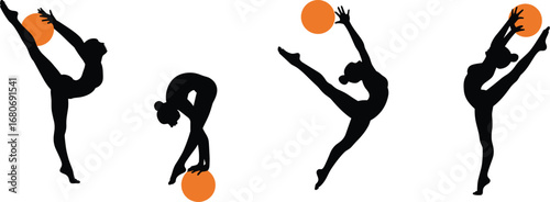Graceful rhythmic gymnasts performing with orange balls, silhouette athletes in motion, flexibility and balance in artistic gymnastics poses.
