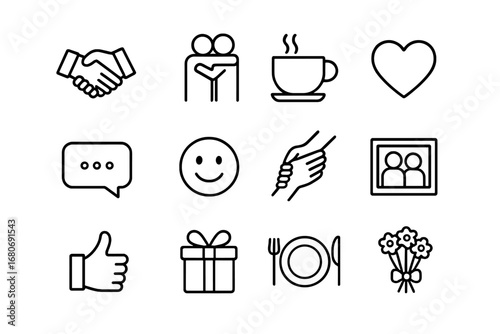 Support Icons Grid. Outline icon set of supporting a friend emotionally during a move: handshake, hug, coffee