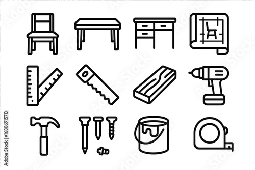 Bespoke Furniture Icons. Outline icon set of bespoke furniture designs: chair, table, desk, blueprint, ruler,