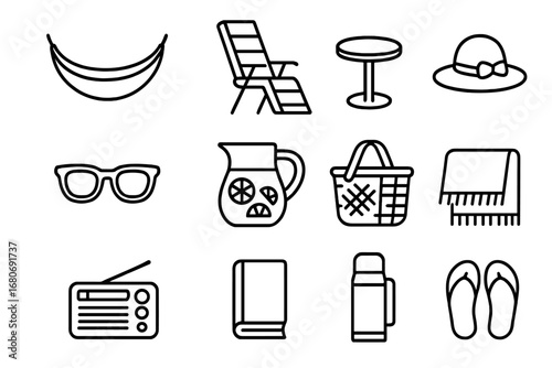 Dacha Relaxation Icons. Outline icon set of dacha relaxation in May: hammock, lounge chair, outdoor table, sun