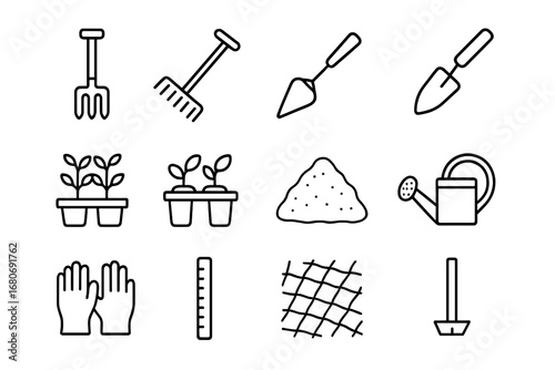 Gardening Tools Icon Set. Outline icon set of preparing dacha beds: garden fork, rake, hoe, trowel, seedling