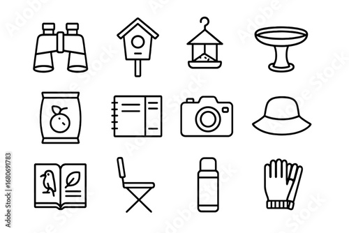 Spring Birdwatching Icons. Outline icon set of spring birdwatching at the dacha: binoculars, birdhouse, bird