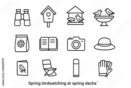 Spring Birdwatching Icons. Outline icon set of spring birdwatching at the dacha: binoculars, birdhouse, bird
