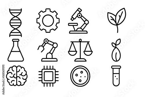 Biotech Ethics Icons. Outline icon set of biotechnology ethics: DNA strand, gear, microscope, leaf, laboratory