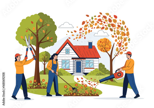 Professional gardeners maintaining outdoor property landscape during autumn season working together