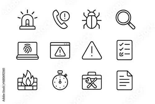 Incident Response Icons. Outline icon set of incident response plans: siren, emergency phone, bug icon,