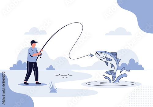Fisherman successfully catches a large jumping fish mid-air while fishing by the lake shore