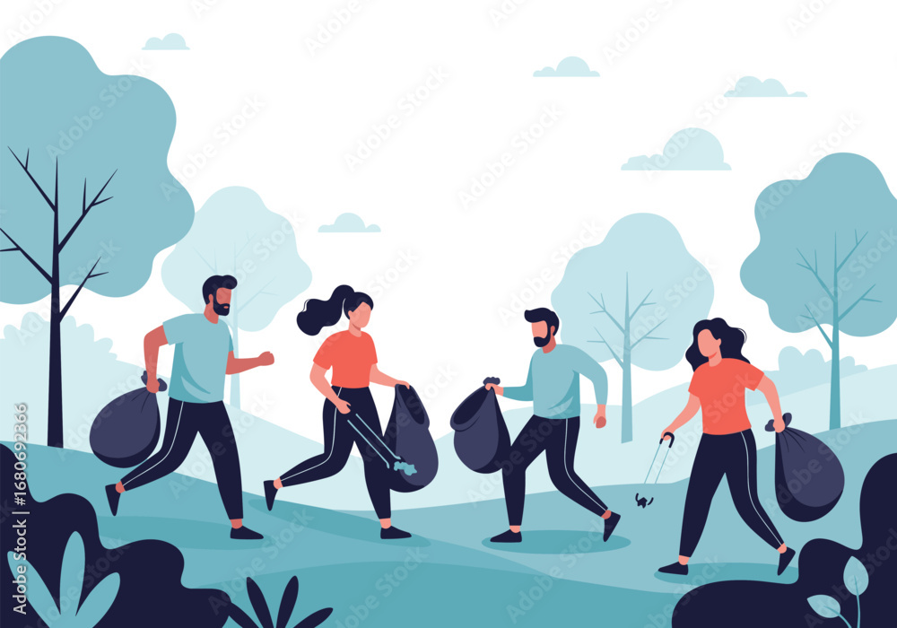 Obraz premium Volunteers diligently collect trash during a community park cleanup event promoting environmental responsibility and outdoor activity