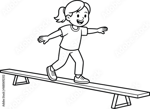 Happy young girl balancing on a wooden beam, child practicing balance and coordination, playful outdoor activity, active kids exercise, black and white line drawing