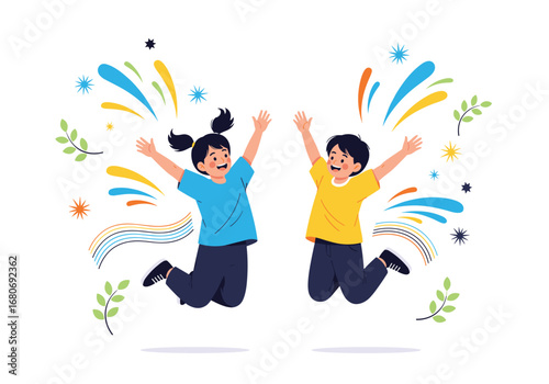 Excited children celebrating with confetti and sparkles enjoying a joyful moment