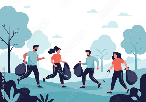 Volunteers diligently collect trash during a community park cleanup event promoting environmental responsibility and outdoor activity