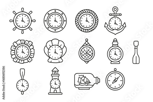 Nautical Clock Icon Set. Outline icon set of nautical-themed repurposed clocks: ship wheel clock, porthole