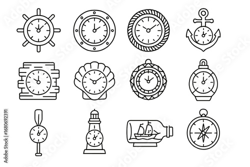 Nautical Clock Icon Set. Outline icon set of nautical-themed repurposed clocks: ship wheel clock, porthole