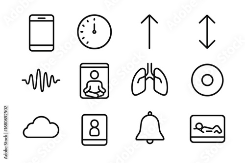 Breathing Exercise Icons. Outline icon set of breathing exercise apps: smartphone screen, breath timer, inhale