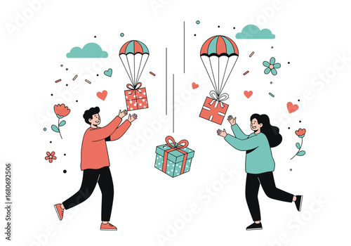Two people are receiving surprise gift boxes falling from the sky with parachutes celebrating happy moments and joy