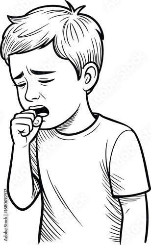 Sad little boy coughing into fist, feeling sick and tired, unwell child showing symptoms of illness, health care and sickness concept, black and white sketch