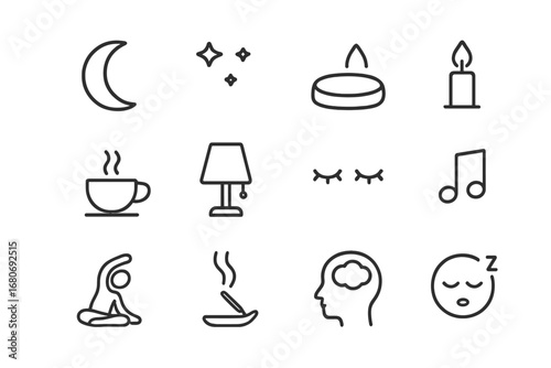 Evening Meditation Icons. Outline icon set of evening meditation routine: moon, starry sky, floor cushion,