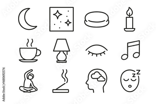 Evening Meditation Icons. Outline icon set of evening meditation routine: moon, starry sky, floor cushion,