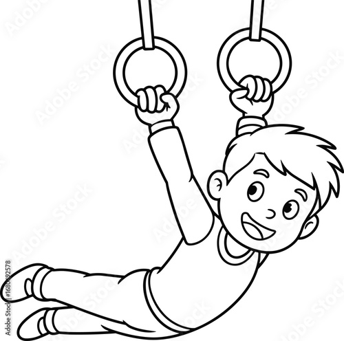 Happy boy swinging on gymnastic rings, cartoon child exercise, kids fitness fun, sports activity illustration, gym workout for children