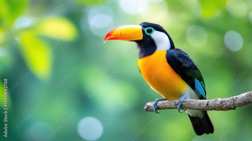 Obraz premium Tucanos Bird in Tropical Rainforest, Colorful Interesting Plants in Background, Green Nature Wallpaper with Copy Space