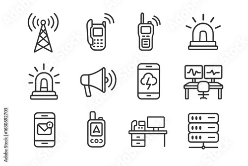 Emergency Icons Grid. Outline icon set of emergency communication systems: radio tower, satellite phone,