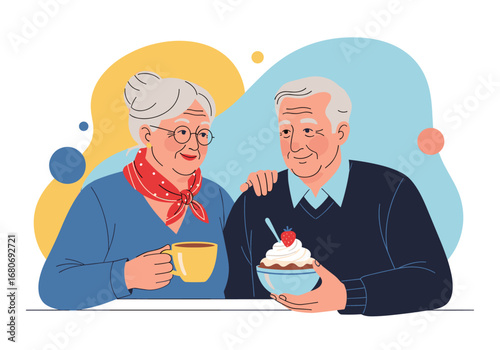 Joyful elderly couple enjoying sweet dessert and warm beverage together cherishing their golden years