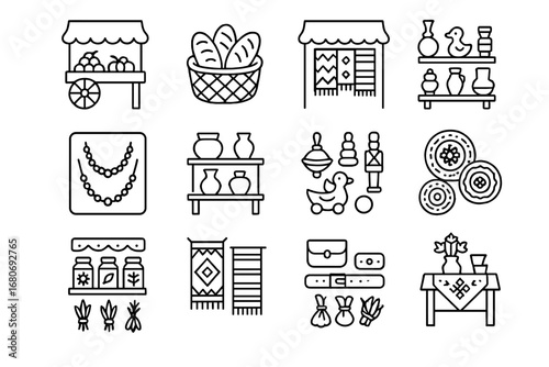 Folklore Market Icons. Outline icon set of folklore markets: fruit stand, bread basket, fabric stall, jewelry