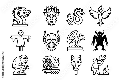 Mythical Creatures Icon Set. Outline icon set of mythological creature photography: dragon statue, forest