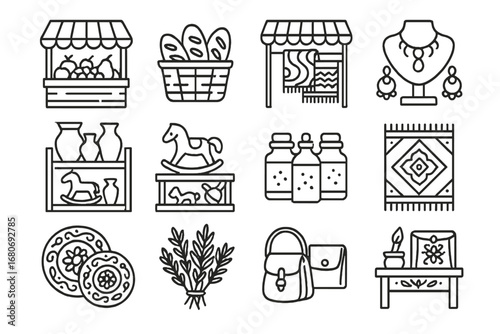 Folklore Market Icons. Outline icon set of folklore markets: fruit stand, bread basket, fabric stall, jewelry