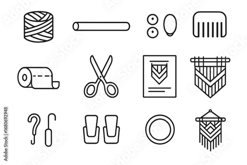 Macrame Craft Icons. Outline icon set of macrame crafts: cord roll, wooden dowel, beads, comb, tape measure,