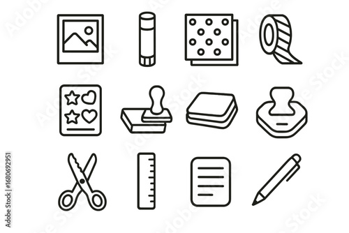 Scrapbooking Tool Icons. Outline icon set of scrapbooking: photo, glue stick, patterned paper, stickers,