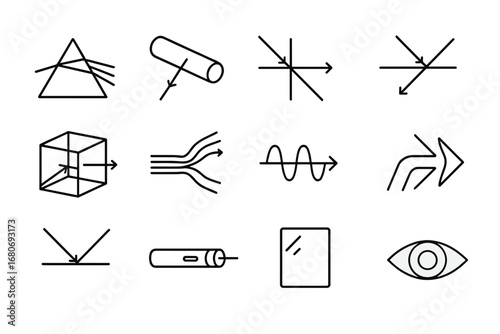 Refraction Icon Set. Outline icon set of light refraction principles: prism, glass rod, beam splitter, ray