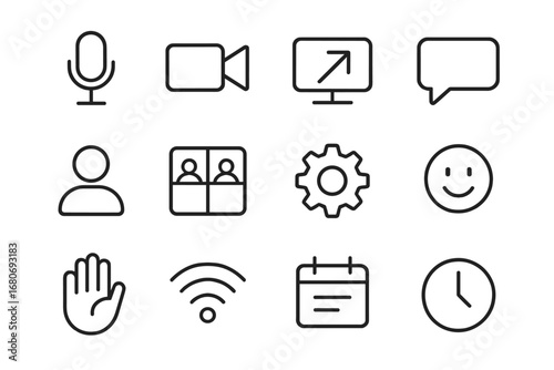 Virtual Meeting Icons. Outline icon set of virtual meeting tools: microphone, camera icon, screen share, chat