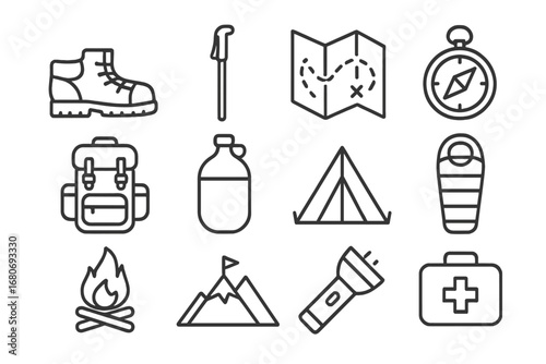 Hiking Gear Icons. Outline icon set of hiking and trekking: hiking boots, walking stick, trail map, compass,