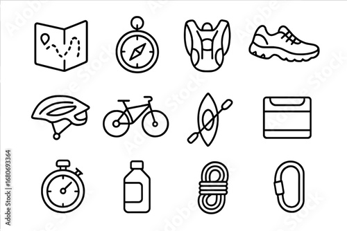Adventure Gear Icons. Outline icon set of adventure racing: map, compass, hydration pack, trail shoes, bike