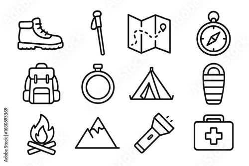 Hiking Gear Icons. Outline icon set of hiking and trekking: hiking boots, walking stick, trail map, compass,