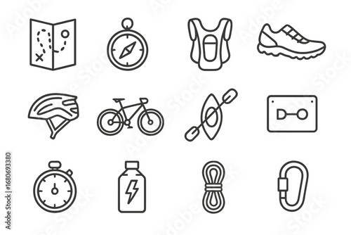 Adventure Gear Icons. Outline icon set of adventure racing: map, compass, hydration pack, trail shoes, bike