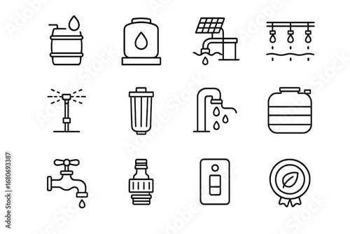Sustainable Water Icon Set. Outline icon set of sustainable water management: rainwater barrel, greywater tank