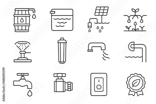 Sustainable Water Icon Set. Outline icon set of sustainable water management: rainwater barrel, greywater tank