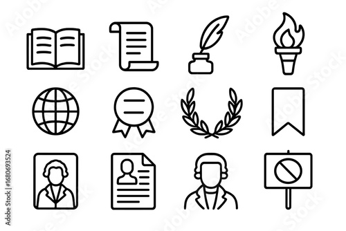 Anti-Slavery Icon Set. Outline icon set of anti-slavery literature: open book, scroll, quill pen, ink bottle,