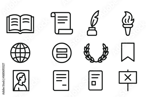 Anti-Slavery Icon Set. Outline icon set of anti-slavery literature: open book, scroll, quill pen, ink bottle,