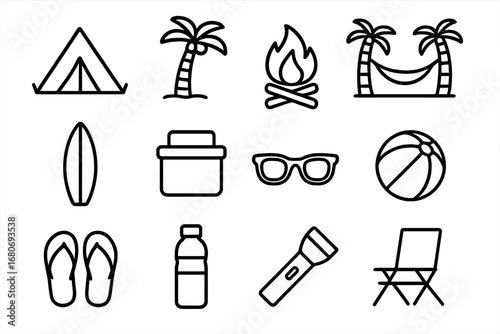 Beach Camping Icons. Outline icon set of beach camping: tent, palm tree, campfire, hammock, surfboard, cooler,