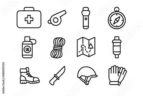Camping Safety Icons. Outline icon set of camping safety: first aid kit, whistle, flashlight, compass, insect