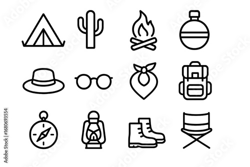 Desert Camping Icons. Outline icon set of desert camping: tent, cactus, campfire, water canteen, hat,