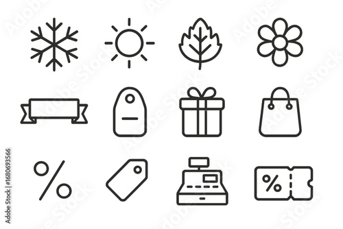 Seasonal Sales Icons. Outline icon set of seasonal sales: snowflake, sun, autumn leaf, flower, sale banner,