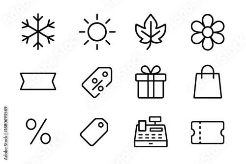 Seasonal Sales Icons. Outline icon set of seasonal sales: snowflake, sun, autumn leaf, flower, sale banner,