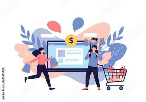 Family enjoys online shopping with a computer and shopping cart full of purchases representing consumerism and digital commerce opportunities